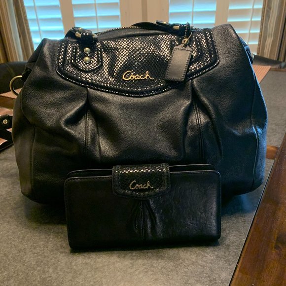 Coach Madison Black Large Leather Satchel Purse with Matching Wallet